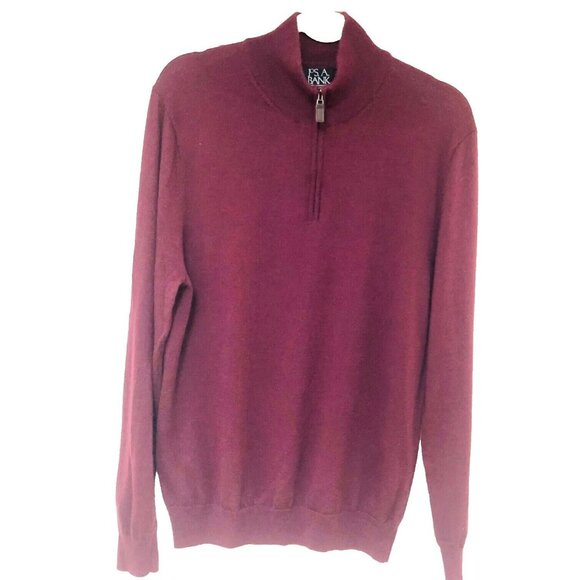 Jos A Bank Merlot Merino Wool Sweater Men L 1/4 Zip Wine Burgundy - Picture 2 of 7